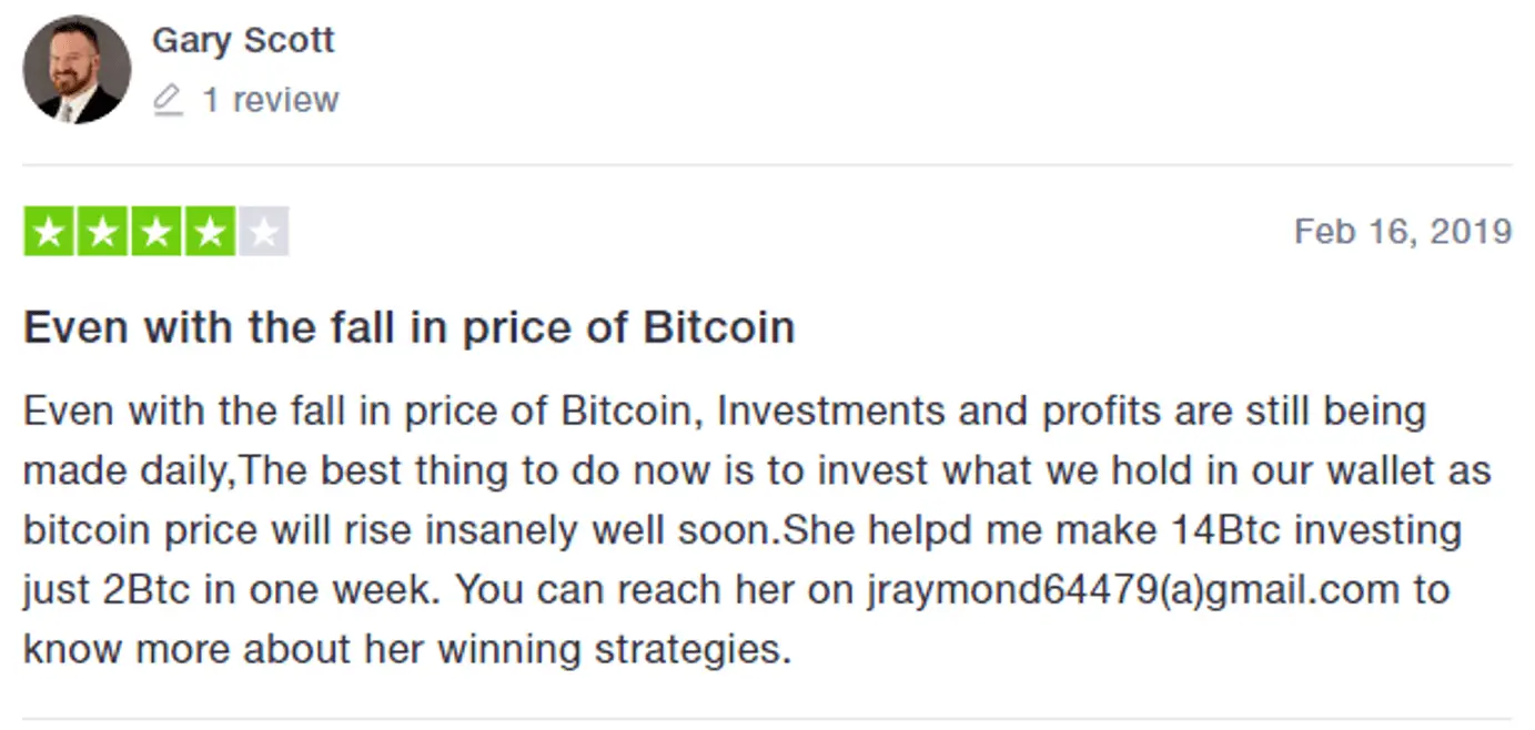 Bitcoin Trader four-star customer review from Trustpilot