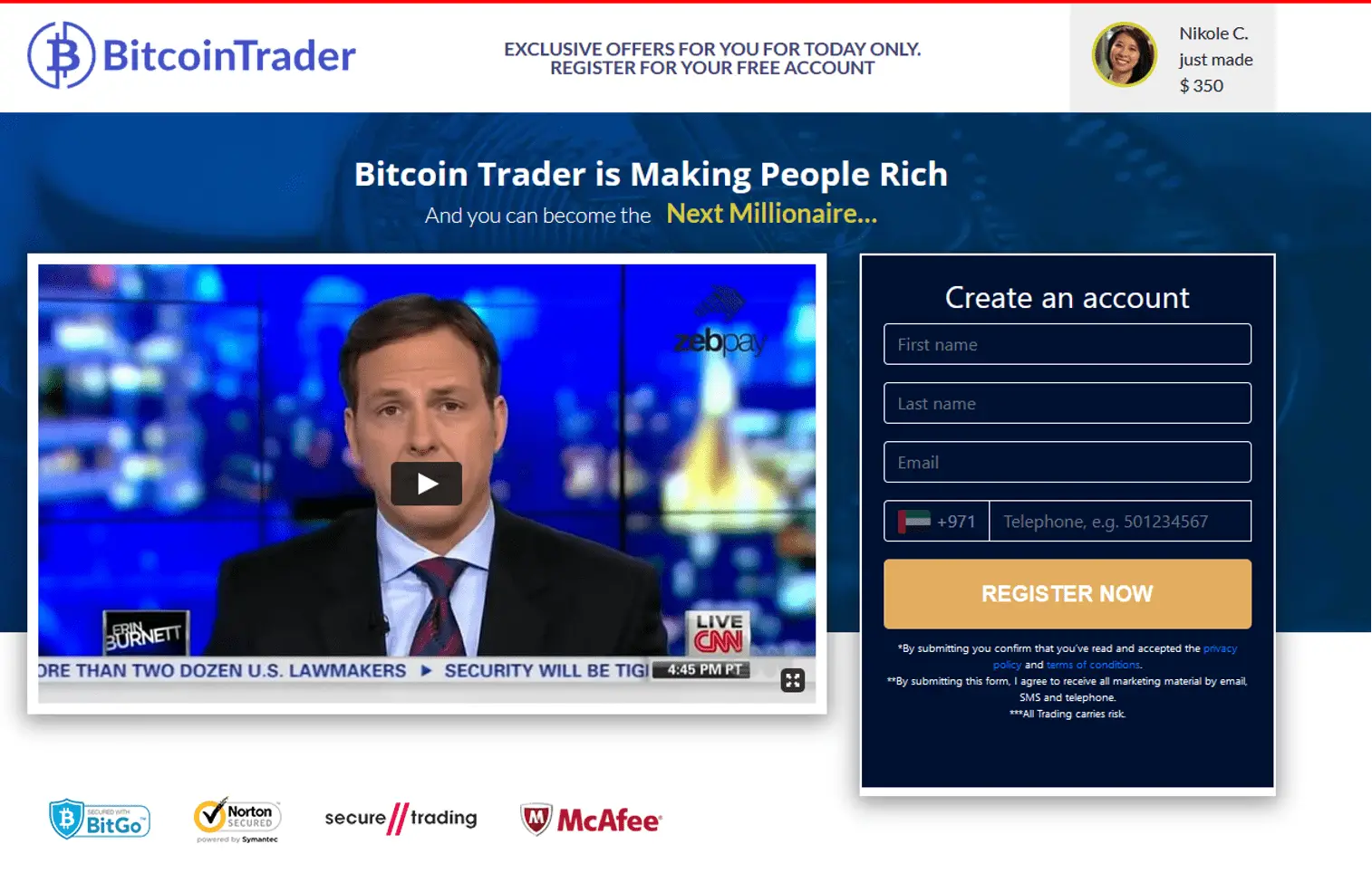 Homepage of Bitcoin Trader site